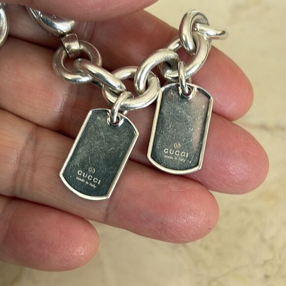 Gucci 925 Sterling Silver Double Dog Tag Solid Oval Rolo Link Bracelet Unisex - Picture 10 of 11